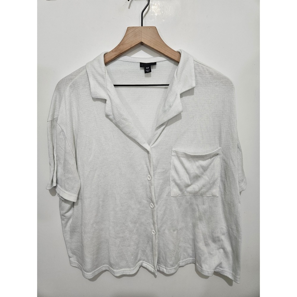 Tahari Womens White Textured Short Sleeve Camp Collar Button Down Shirt WC8001 M